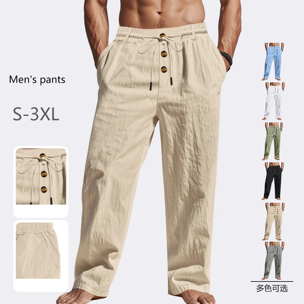 

Мужские льняные повседневные брюки, летние легкие брюки с эластичной резинкой на талии и завязками, однотонные, разноцветные, S-3XL