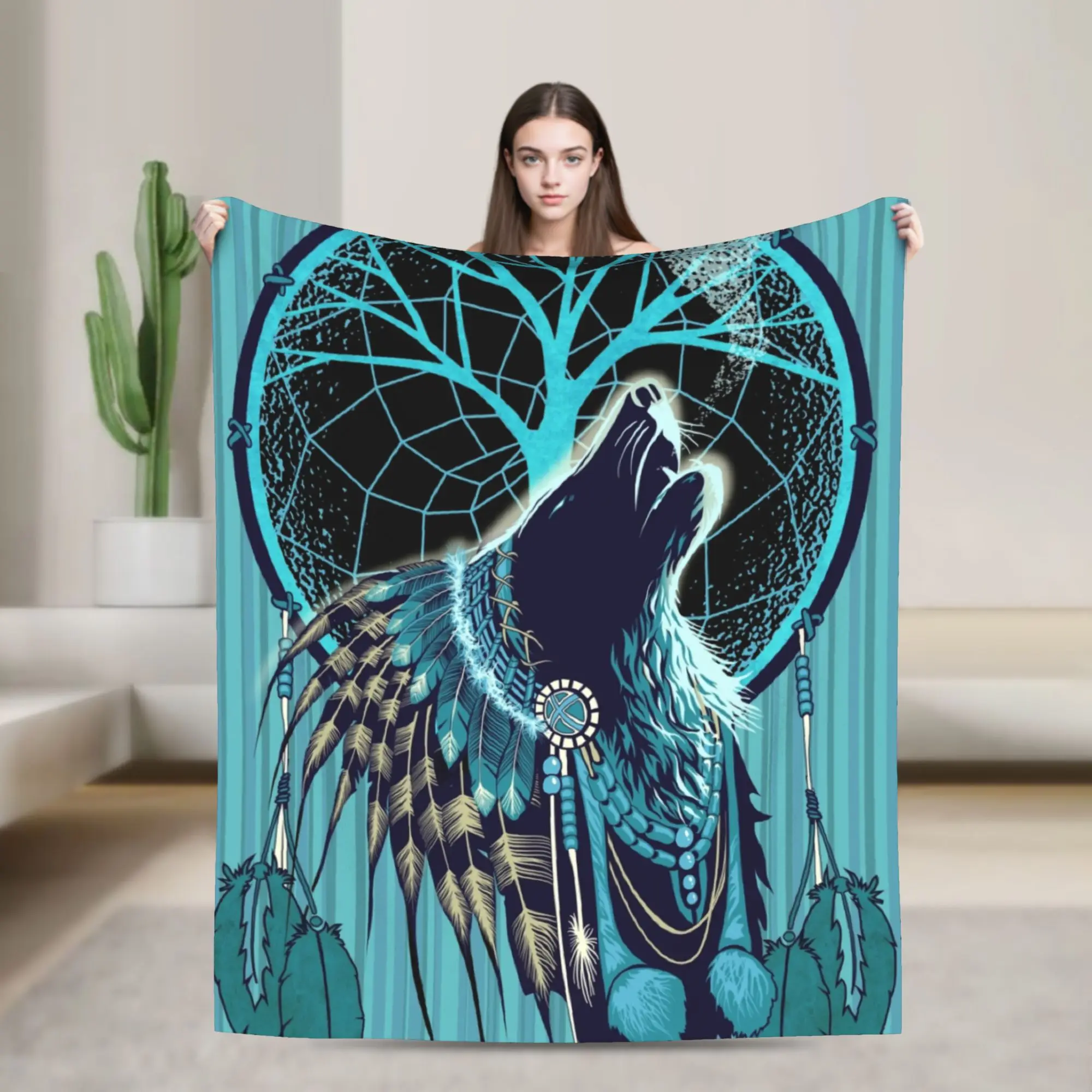 Wolf Indian Shaman Blanket Tree of Life Moon Dreamcatcher Wool Awesome Breathable Throw Blankets for Bedding Lounge All Season
