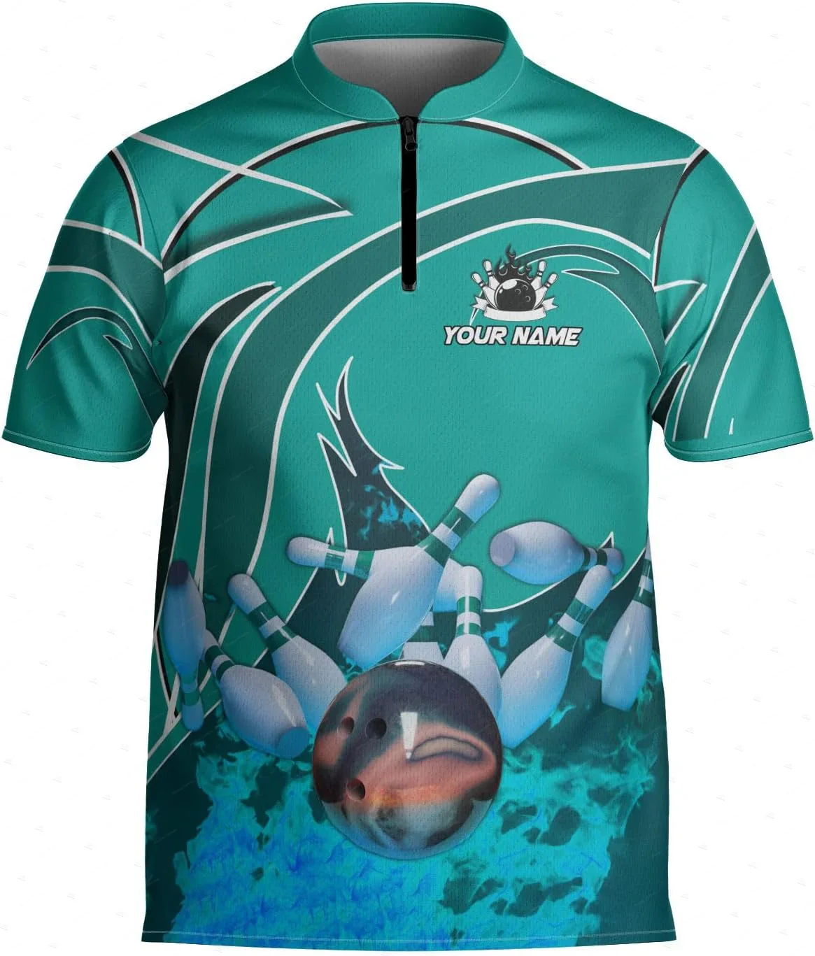 Custom Name Mesh Breathable Bowling Flame Ball Graffiti Vintage 3DPrint Harajuku Summer Short Sleeve Zipper Polo Jersey Shirts E - Image 4