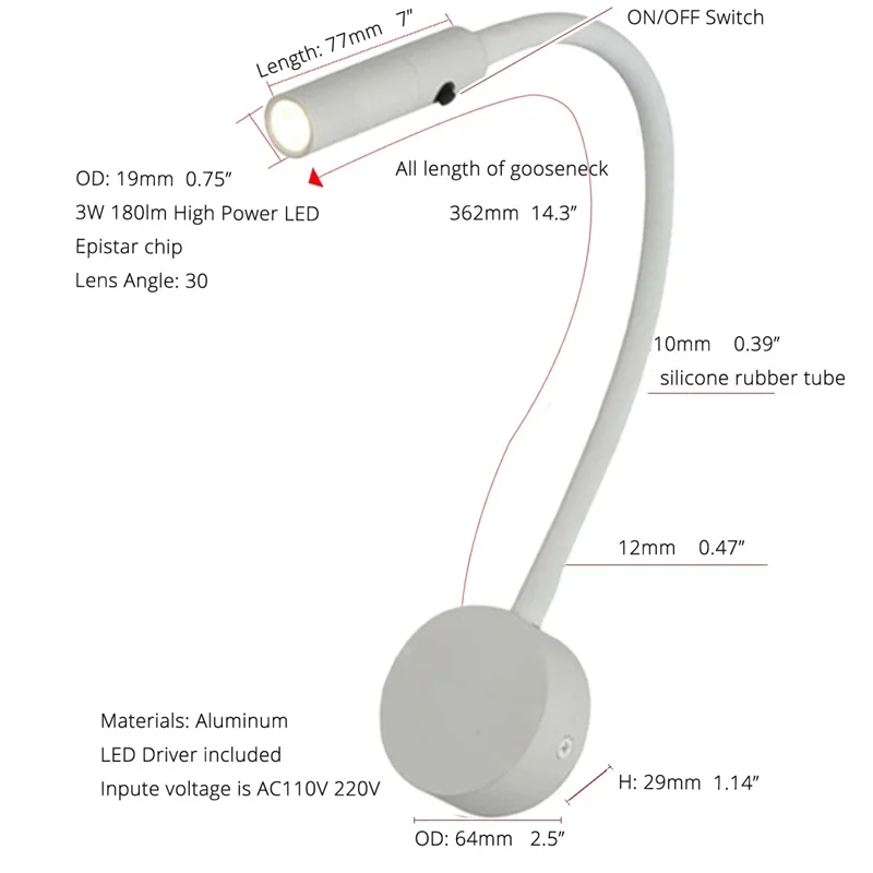 3W Gooseneck LED Reading Wall Lamp With Switch Flexible Adjustable Wall Mounted Bedroom Bedside Headboard Desk Led Light Fixture