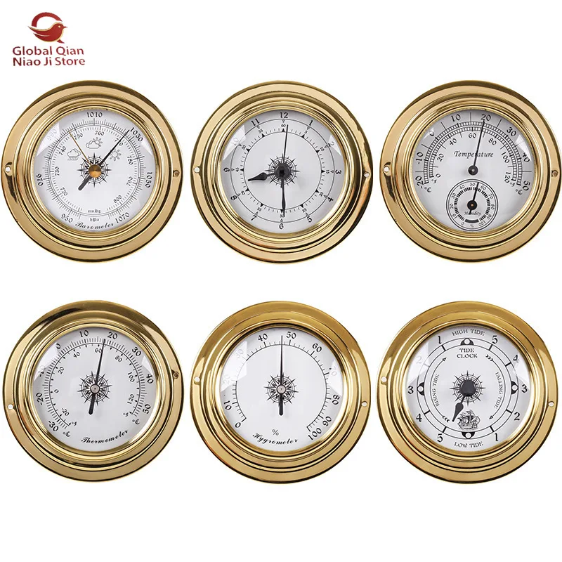 98mm Copper Case Marine Barometer, Thermometer, Hygrometer, Barograph, Clock, Tide Clock, 6-Piece Weather Station Set