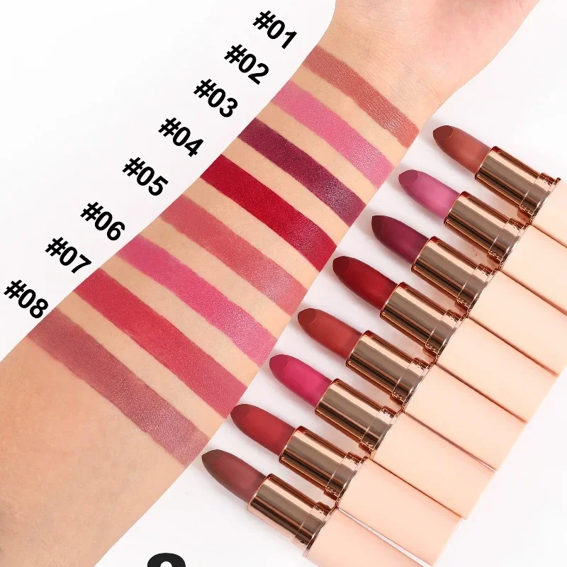 Dieprode matte lippenstift 8 kleuren Waterdichte non-stick cup Lippenbalsem Make-up Donkerrode lippenstiften Fluweel Gemakkelijk te kleuren Lippen Cosmetica