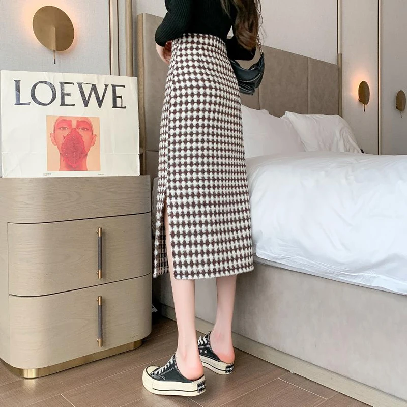 

Vintage Print Thickening Woolen Split Skirt Korean Fashion Zipper High Waist Skirt For Women Elegant Warm Midi Skirt