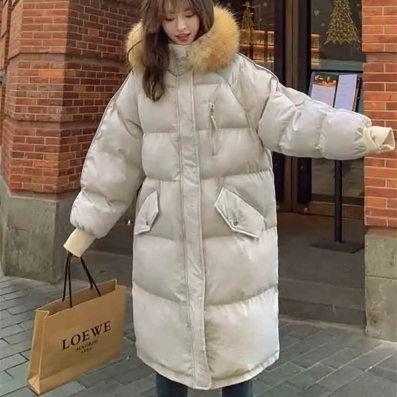 Imagem -02 - Parkas Longas com Capuz Feminino com Gola de Pele Sintética Jaqueta à Prova de Vento Algodão Quente Oversize Roupa de Neve Coreano 100kg Inverno Novo