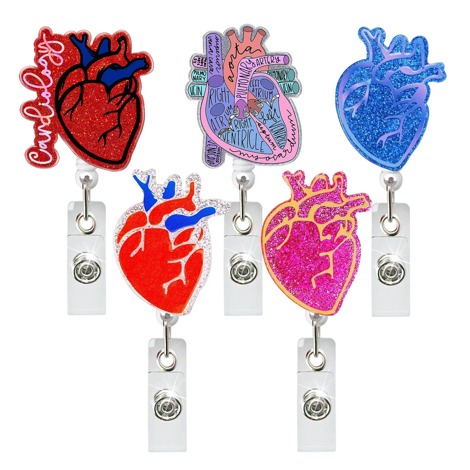 Heart Shape Acrylic Glitter Rotating Badge Reel Clip Workers Nurse ID Name Holder Retractable Name Card Holder Accessories Gifts