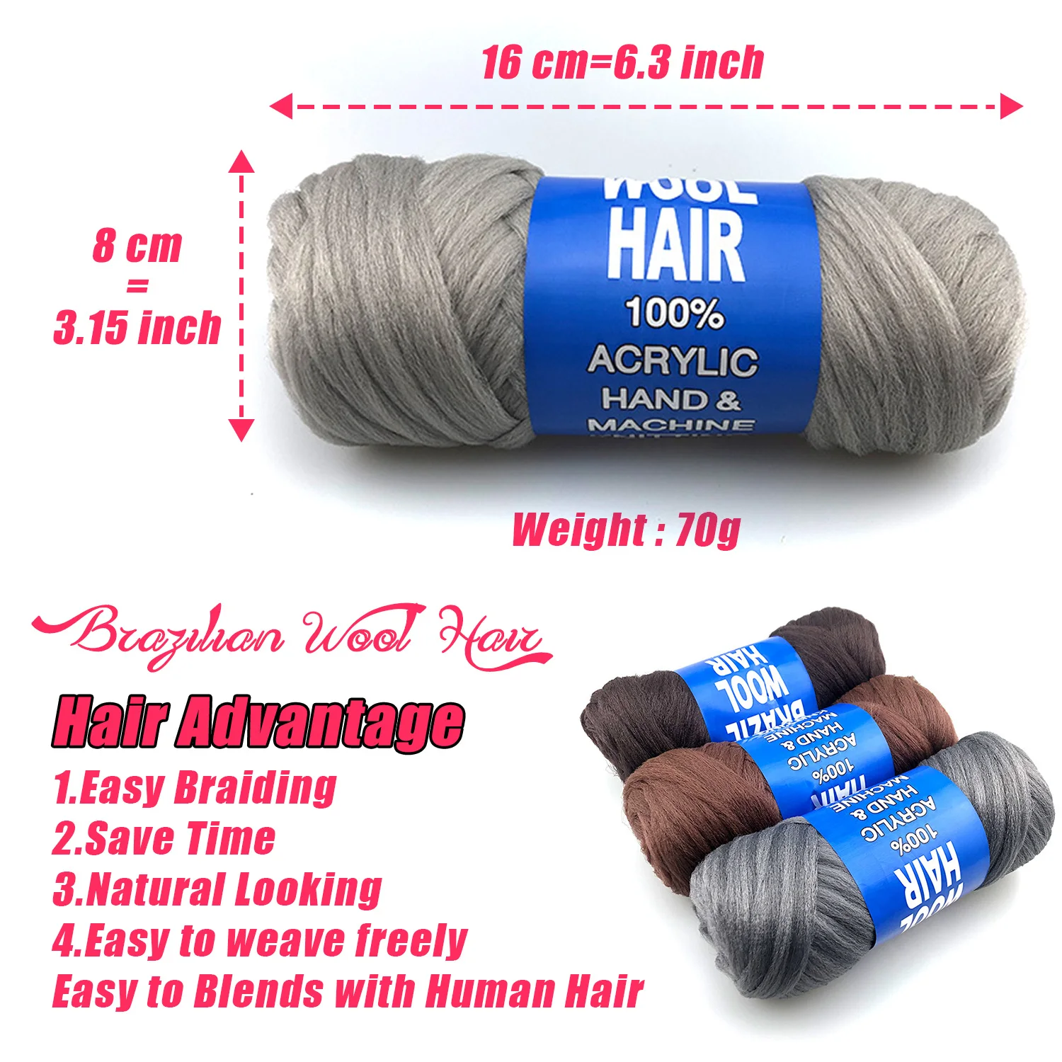 Cabelo sintético de lã brasileira, Fio acrílico, 100% Hand Knitting, Trança Jumbo, Cabelo trançado para crochê africano, Atacado