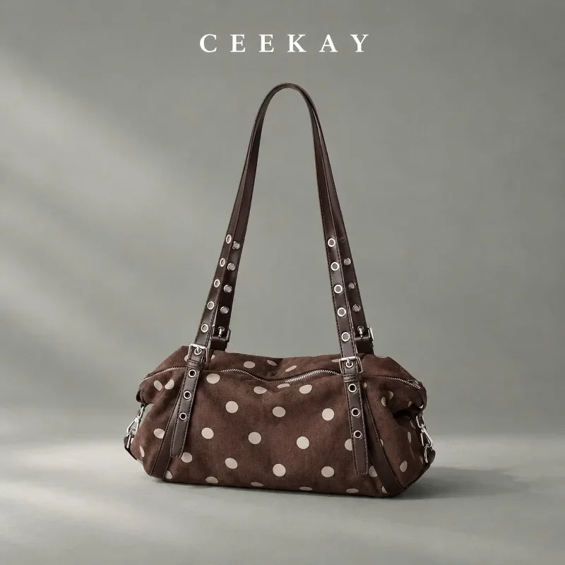 CEEKAY Polka Dot Suede Long Bag Double Strap Grommet Buckle All-Purpose Daily Wear Roomy Elegant Classic Chic Style for Women