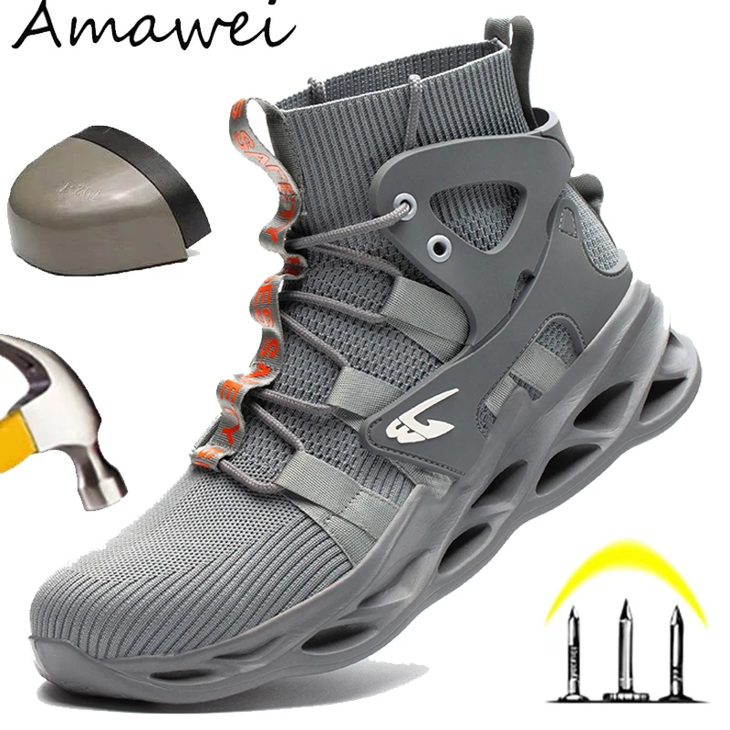 Men Work Boots With Steel Toe Cap Breathable Anti-smash Work Sneakers Safety Shoes Indestructible Work Boots Hiking Shoes Grey