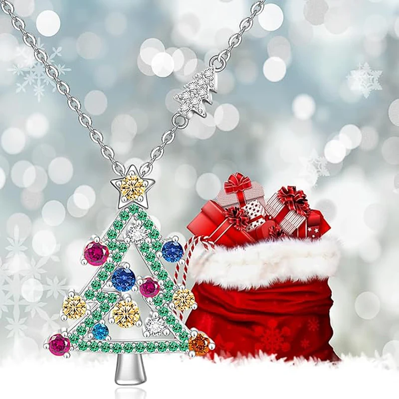 Huitan Funkelnde Weihnachtsbaum-Anhänger-Halskette für Frauen, Festival-Ästhetik, Party-Accessoires mit glänzenden CZ-Steinen, Schmuckgeschenk