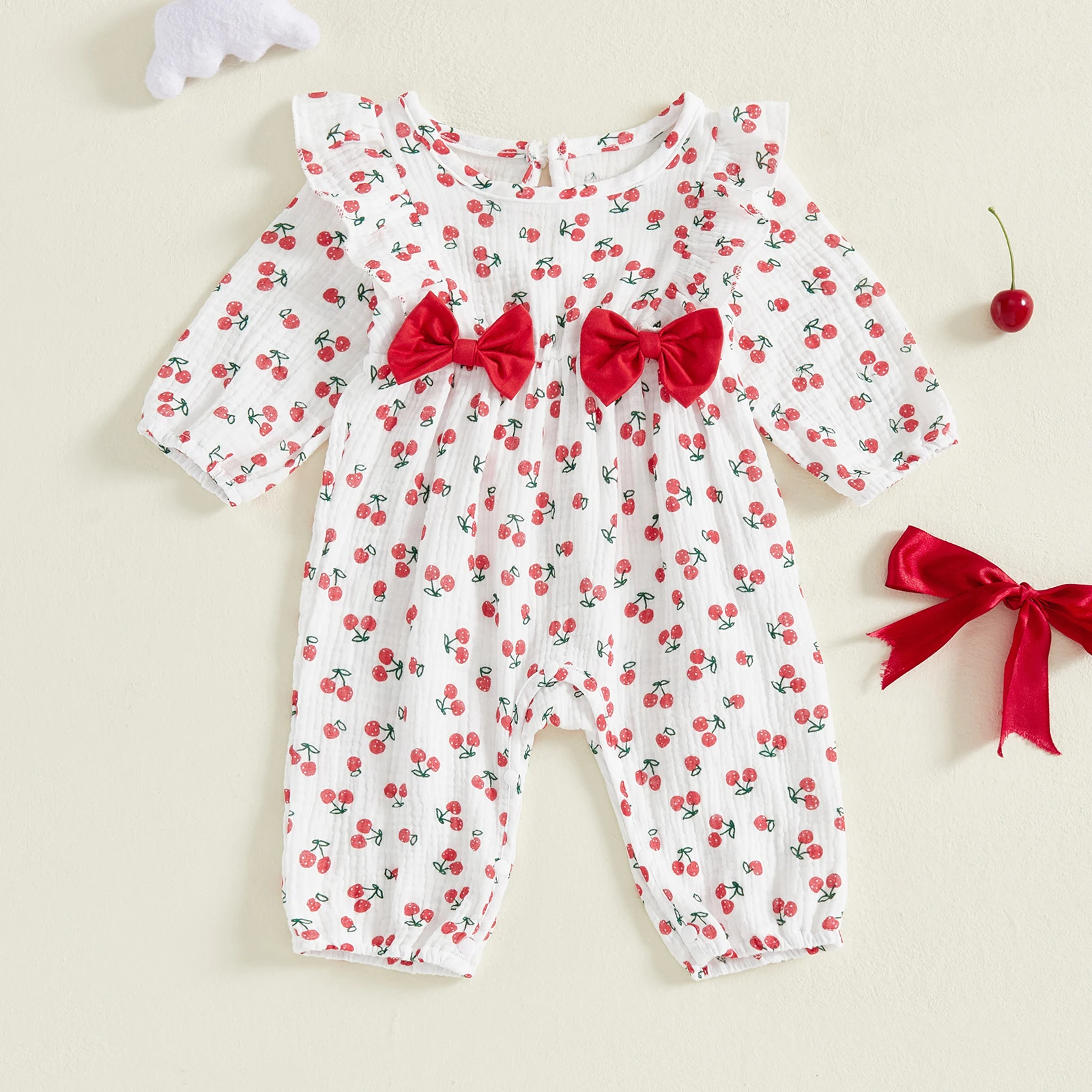 

VISgogo Newborn Baby Girls Fall Romper Cherry Print Long Sleeve Round Neck Ruffled Bow Decor Jumpsuit