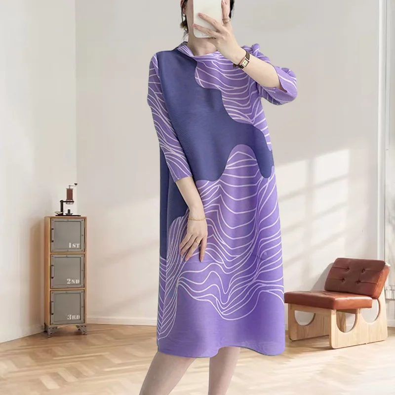 

Miyake Pleated Dress Plisse 2025 Fold Spring Summer New Fashion Striped Print Pleat Loose Dress Female Thin Pleats Skirt