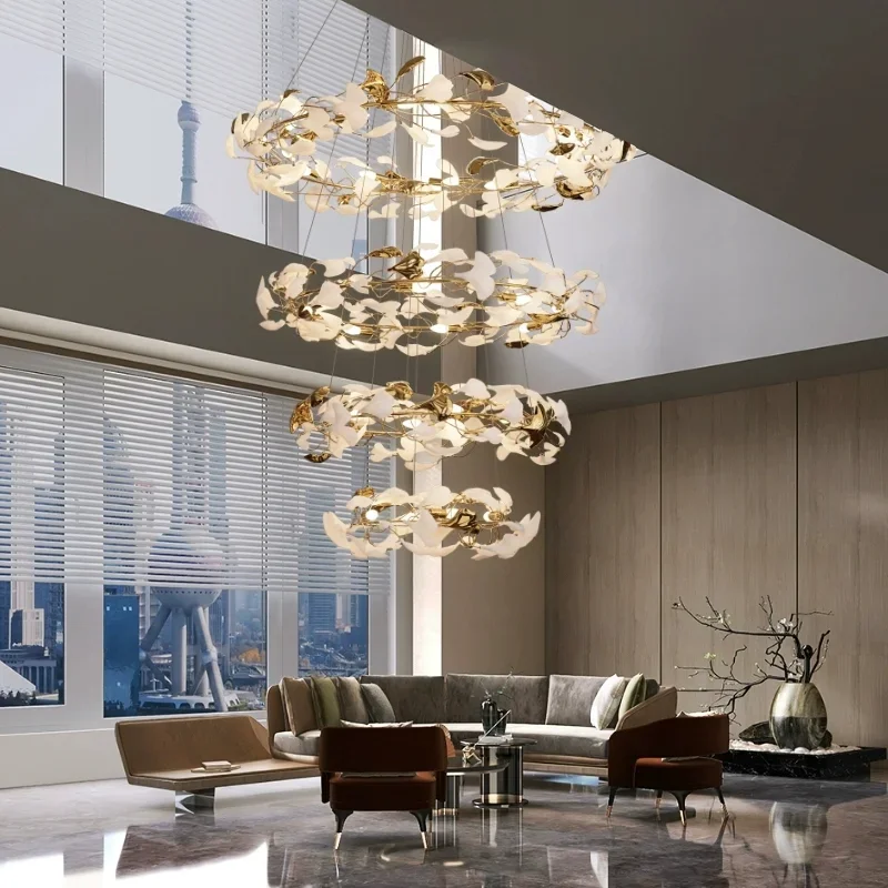 

Round Ginko Leaf Staircase Chandelier Light For Loft Stairsway Staircase Large Chandeliers For High Ceilings