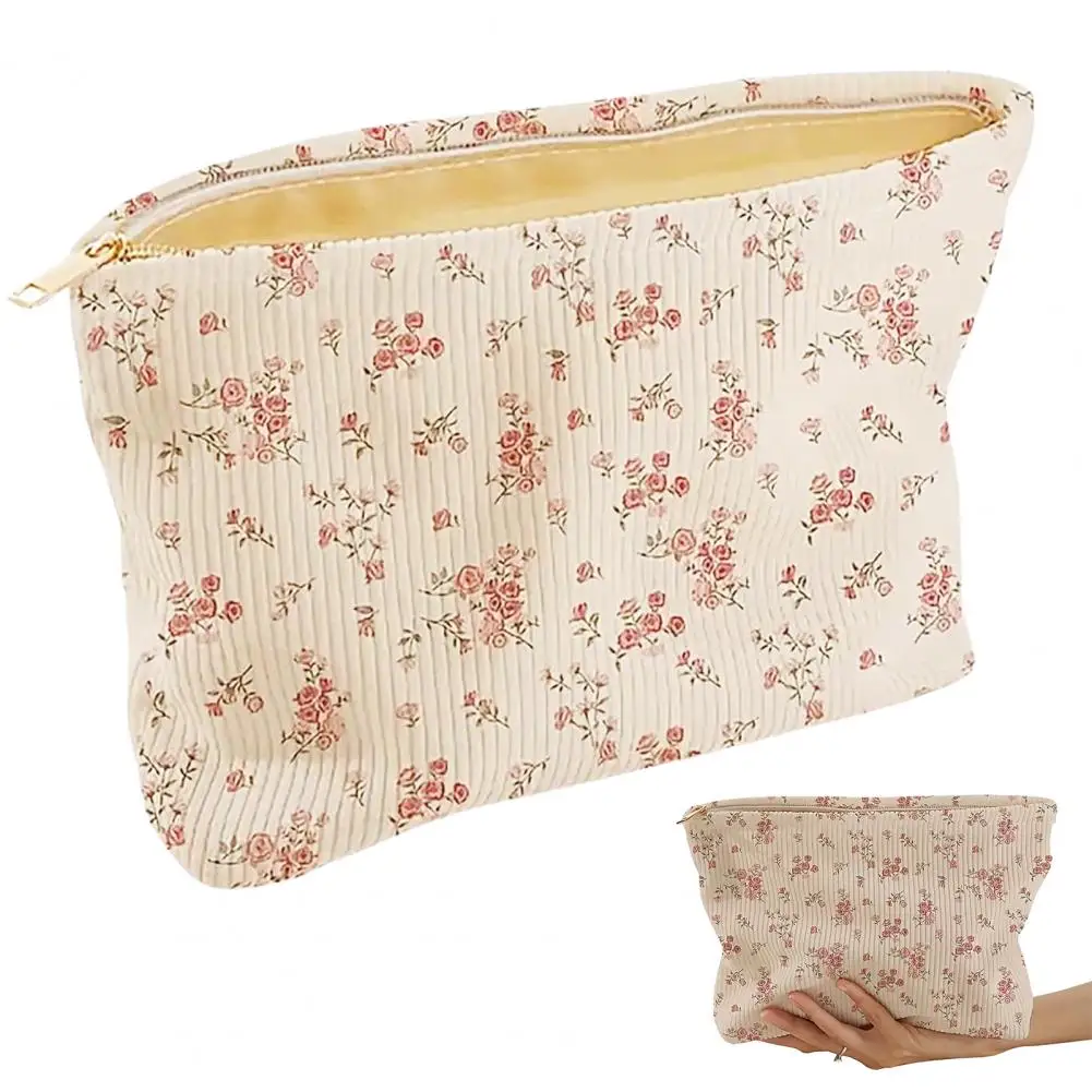 Feminine Floral Print Cosmetic Organizer Vintage Style Floral Print Cosmetic Bag with Zipper Closure Collapsible for Brushes