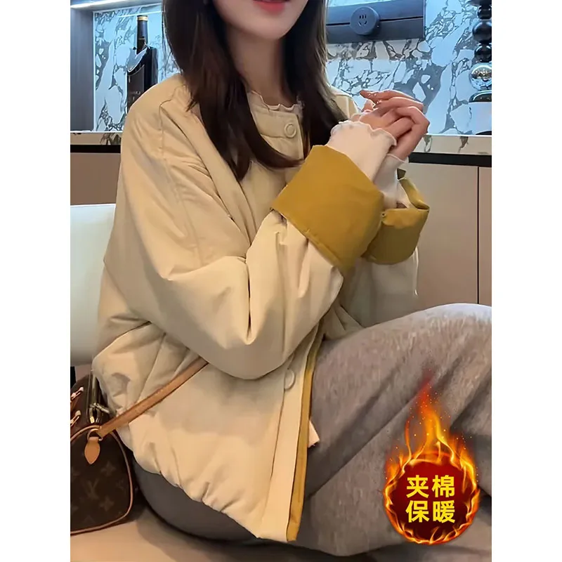 

2026 Autumn Winter New Women's Contrast Stitching Coat Edge Cotton-padded Female Short Thin Jacket Short Loose Fashion Overwear