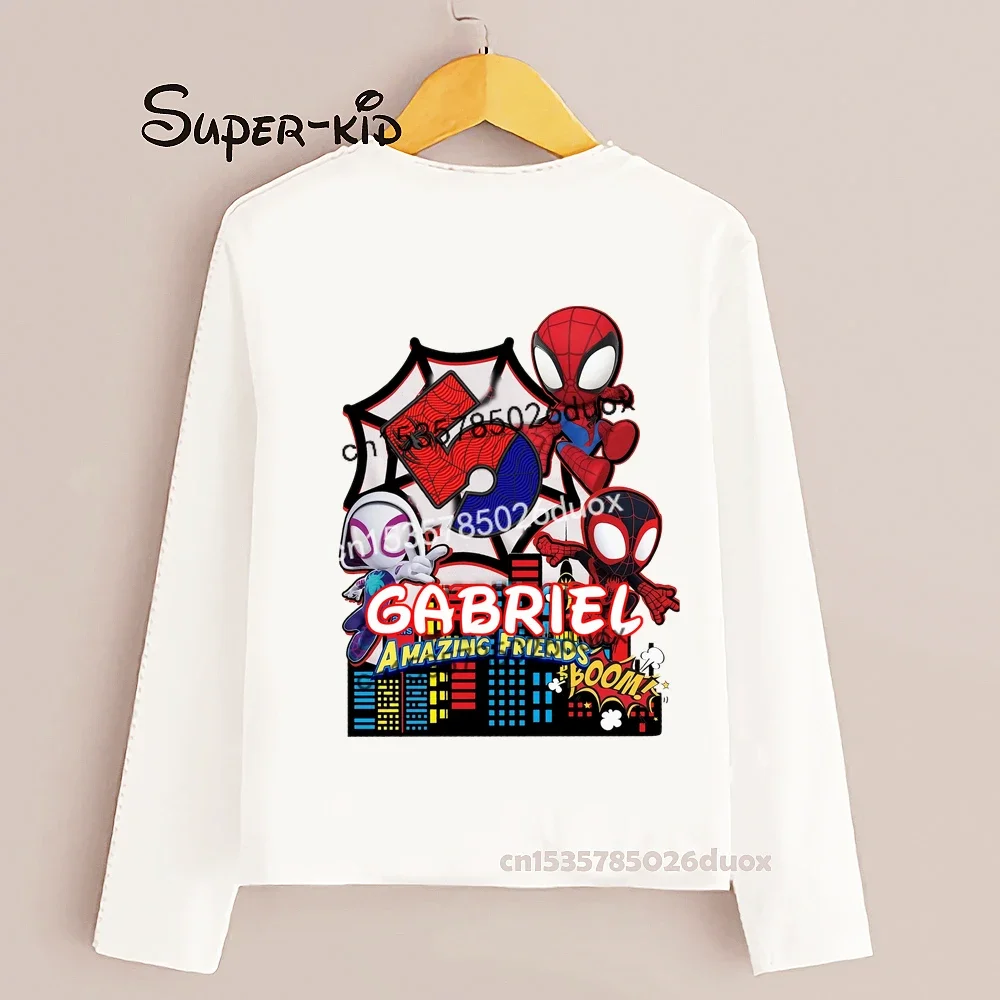 Autumn 2 3 4 5 6 7 8 9 SpiderMan and His Friends Birthday Boy Long Sleeve T-shirt Spider-Man Customized Birthday Party Kid Shirt