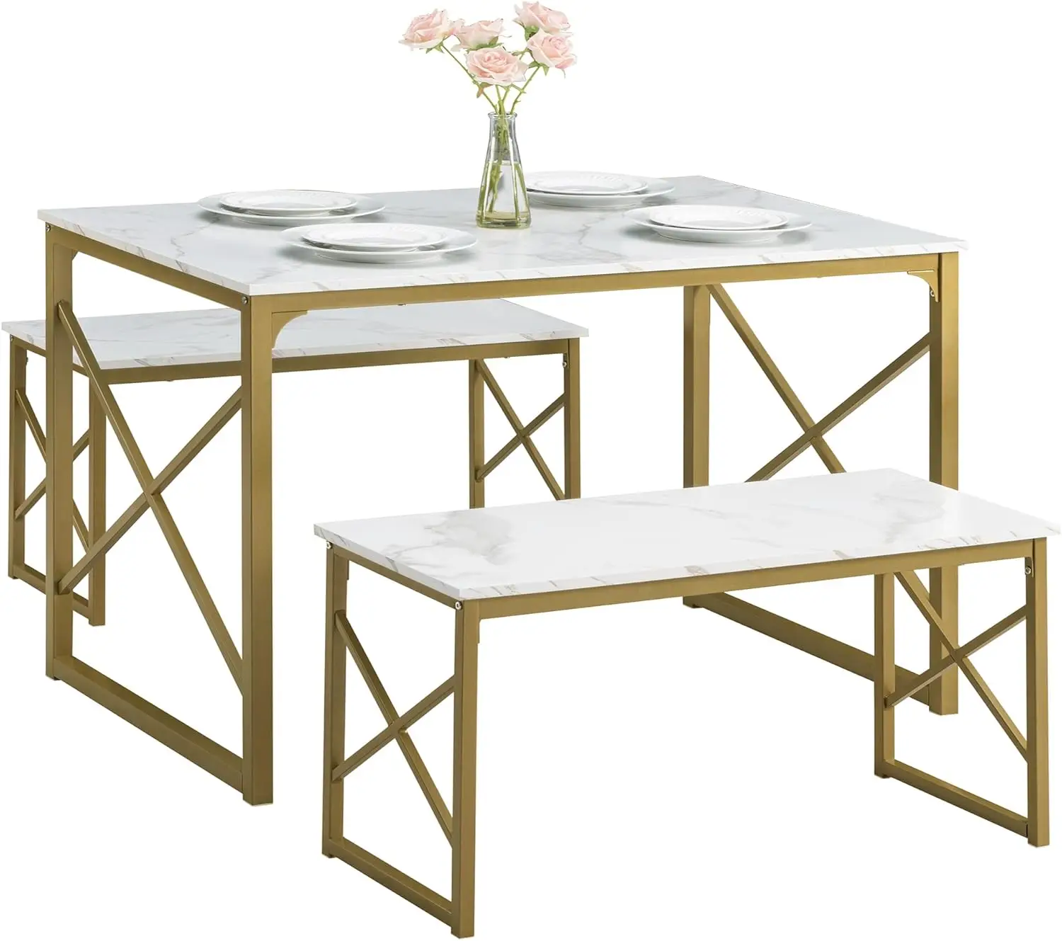 VECELO Kitchen Table with 2 Benches for 4, Wood Dining Room Dinette Sets with Metal Frame for Breakfast Nook