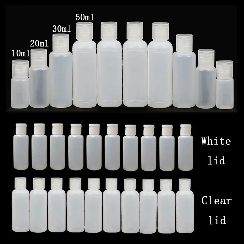 30Pcs 10ml-50ml White Plastic Squeeze Bottles W/ Flip Cap Travel Portable Empty Liquid Containers Shampoo Conditioner Soft Vials