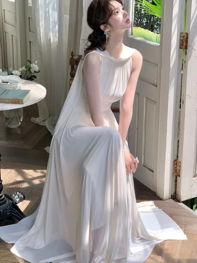 Vintage elegante diosa mujeres vestidos de malla verano coreano largo elástico cinta arco ajustado plisado de gama alta Rebo fiesta vacaciones nuevo