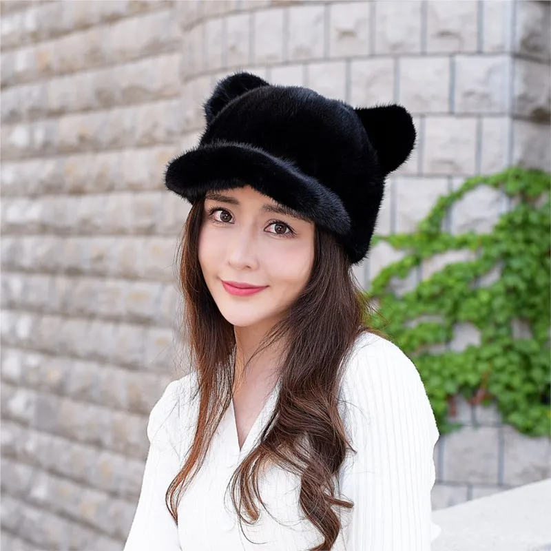 

The ear-bristled fur hat is a warm for women cute cap makes face smaller