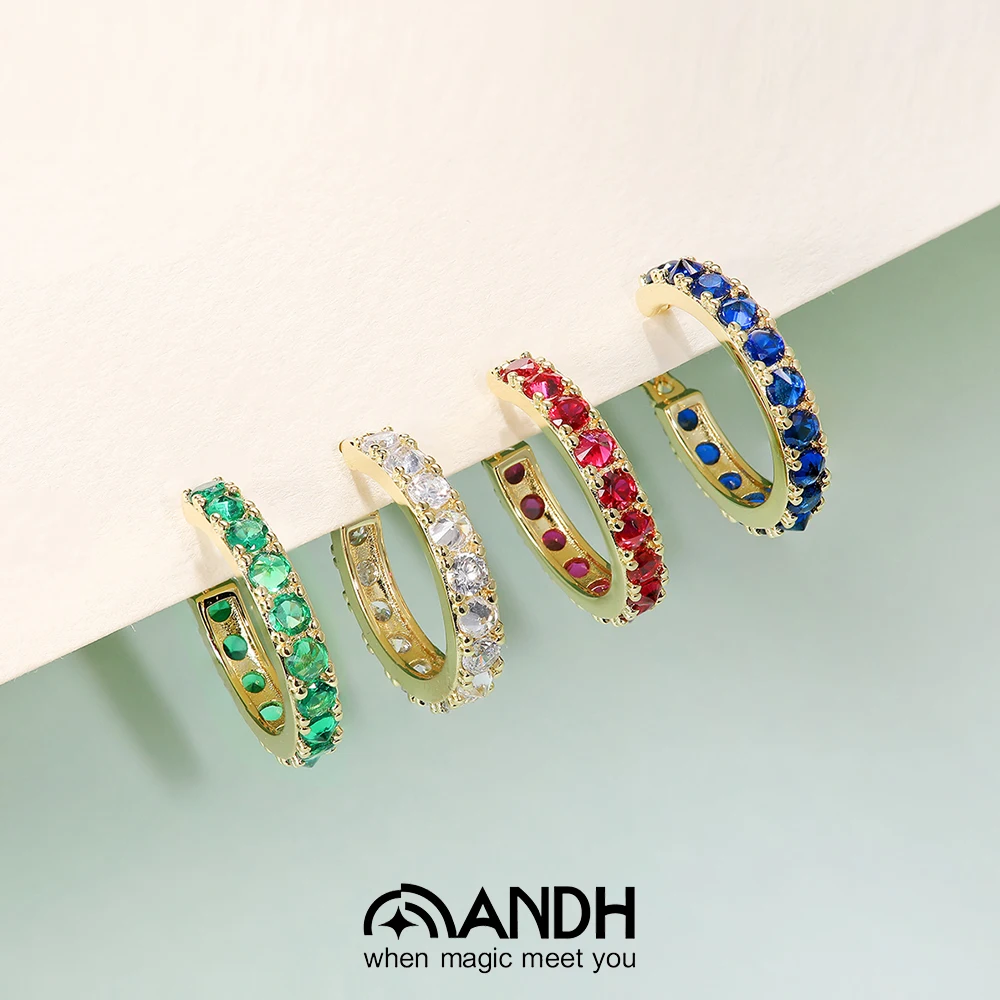 ANDH 20 مللي متر الياقوت هوب أقراط للنساء 925 فضة 18 كيلو مطلية بالذهب Huggie أقراط حفل زفاف غرامة مجوهرات هدية