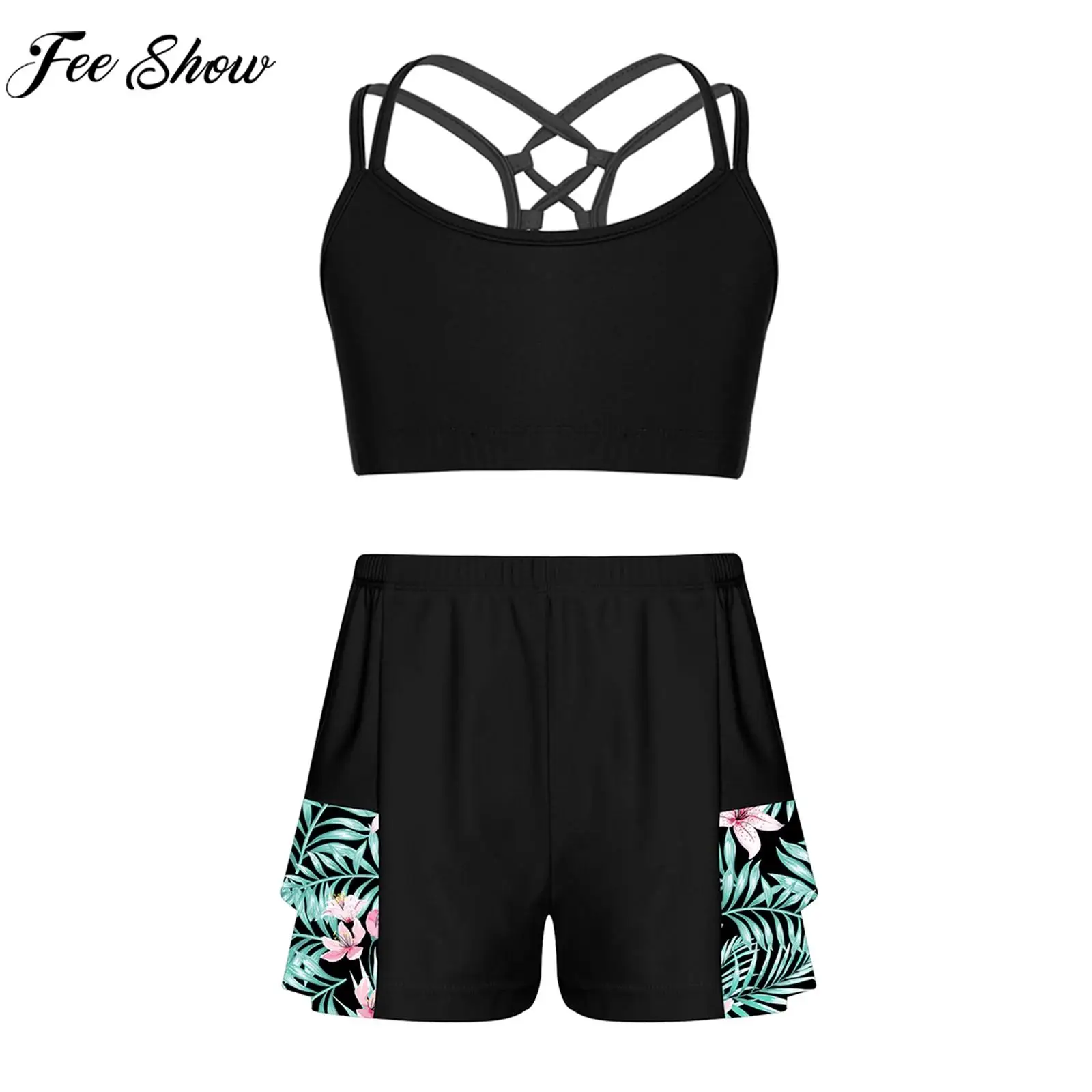 

Kids Girls Sporty Swimsuit Tank Bra Crop Top with Shorts Set Beach Pool Swimwear Ballet Gymnastics Dancewear Workout Activewear