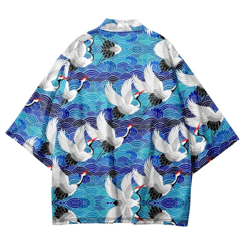 

Men's Haori Obi Beach Kimono Blue Crane Print Cardigan Yukata Samurai Costume Japanese Streetwear Jacket Clothes