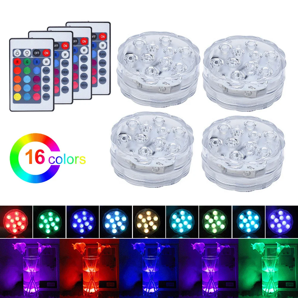 

Waterproof Submersible Light with Remote Controller, RGB Lamps, 16 Colors, IP68, 10 LEDs, Decorative Lamp, Pond,Vase, 4 PCs