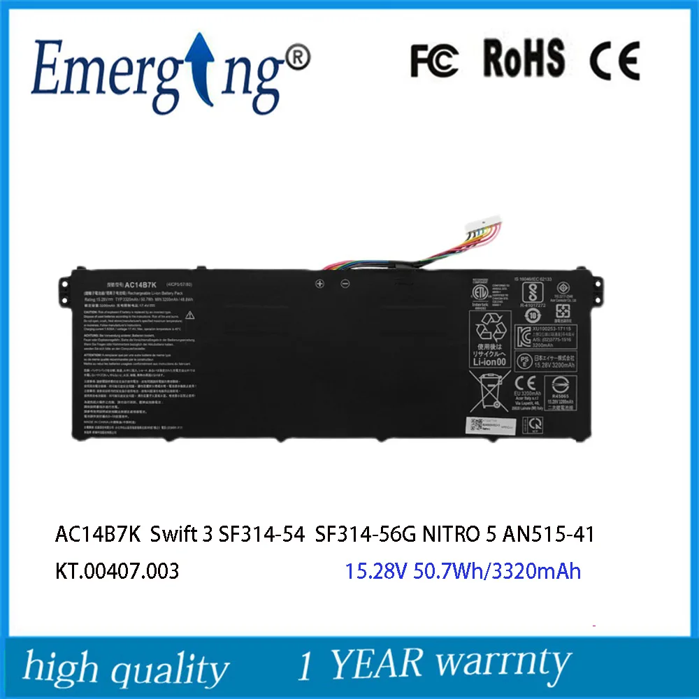 15.28V 50.7Wh  AC14B7K Laptop Battery For Acer Aspire Swift 3 SF314-54 SF314-56G Spin 5 SP515-51GN KT.00407.003