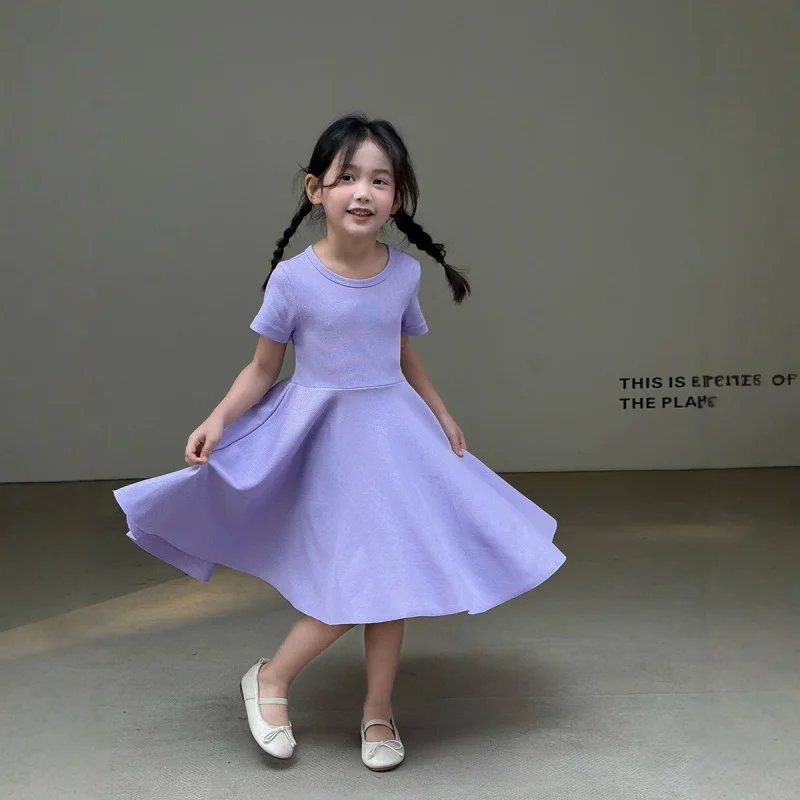

Girls' New Summer Short-Sleeve Dress, Solid Color Ribbed Knit Princess Dress, Stylish Children's Summer Outfit