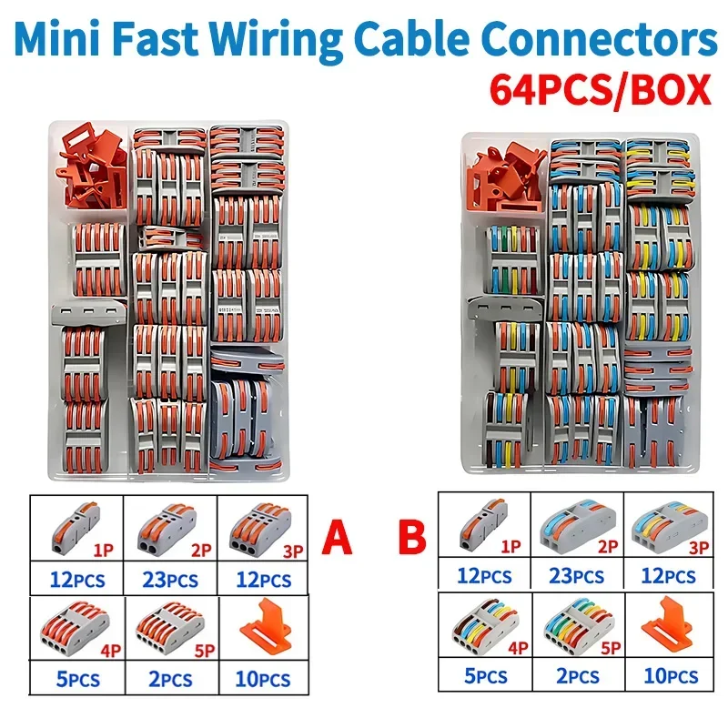 

64pcs/Box Lever Wire Connector For Quick Connection 28-12 AWG 1-to-1 In-line Wire Connector Compact Splice Insulated Terminal