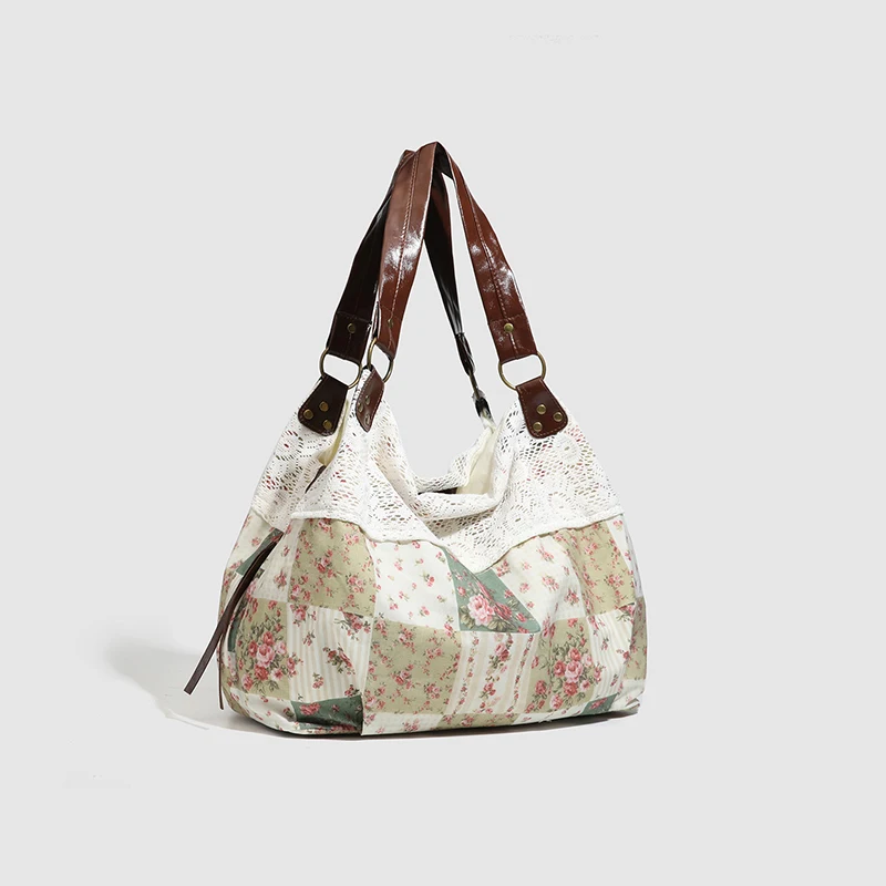 

Bohemian Shoulder Bag,Mori Girl Fairycore Women Ditsy Floral Patchwork Handbag With Lace Trim,Vintage Travel Commuter Tote Bag