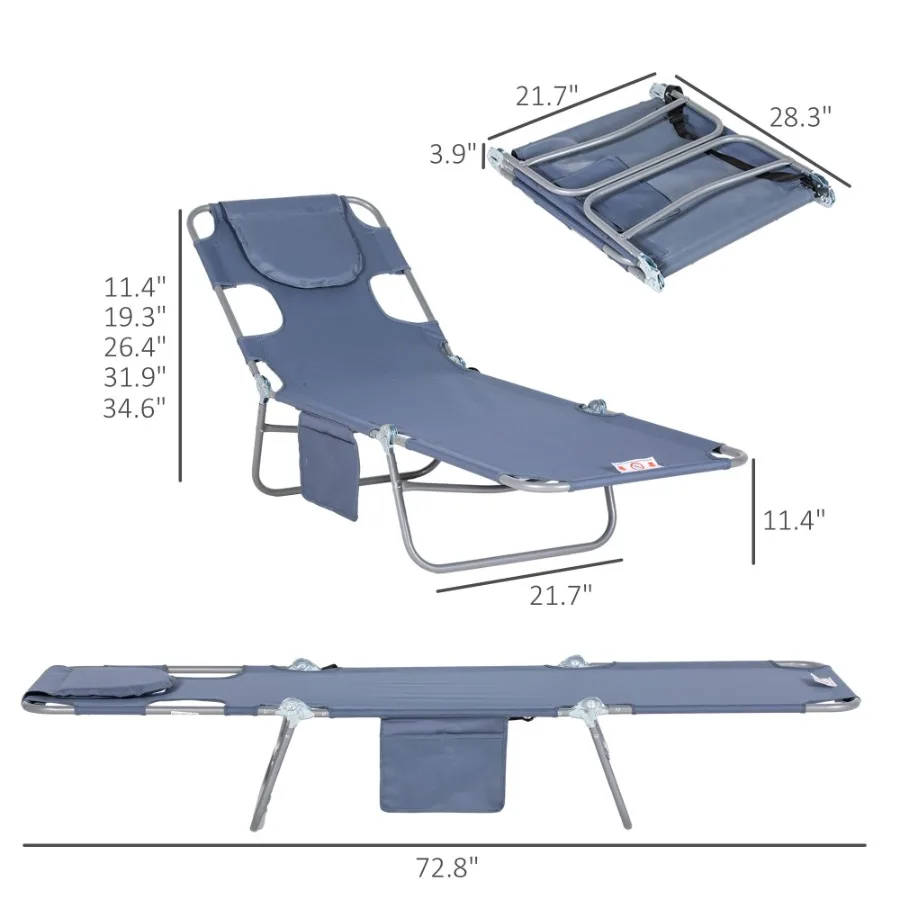Klappbarer Strand-Loungesessel mit Gesichtsloch und Armschlächern, 5-stufig verstellbare Sonnenliege, Bräunungsstuhl mit Kissen für Terrassengarten