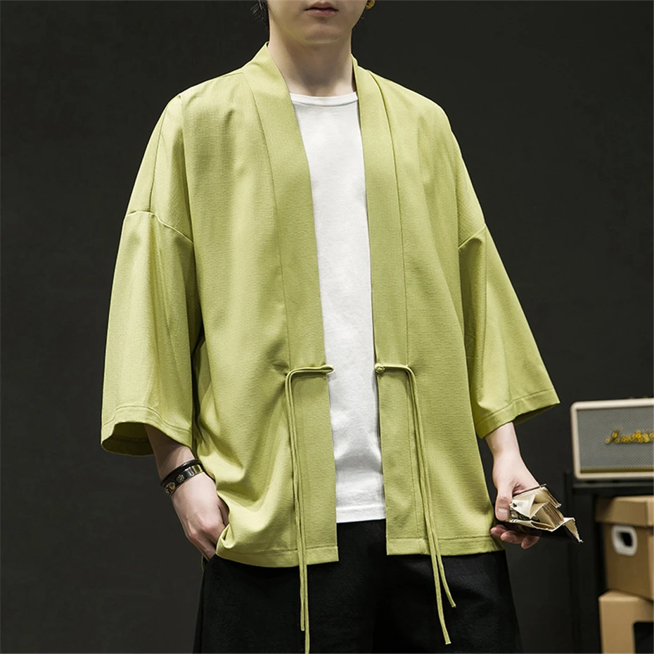 Solid Color Kimono Shirt Men Harajuku Cardigan Shirt Male Summer Shirts Black White Fashion Casual Loose Tops Summer