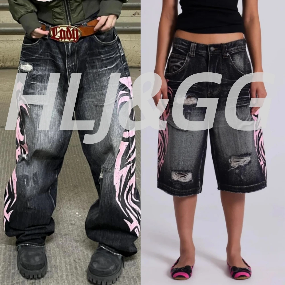 

HLJ&GG Retro American Style Pattern Print Straight Jeans Women High Waisted Button Denim Pants Y2K Fashion Trousers Streetwear