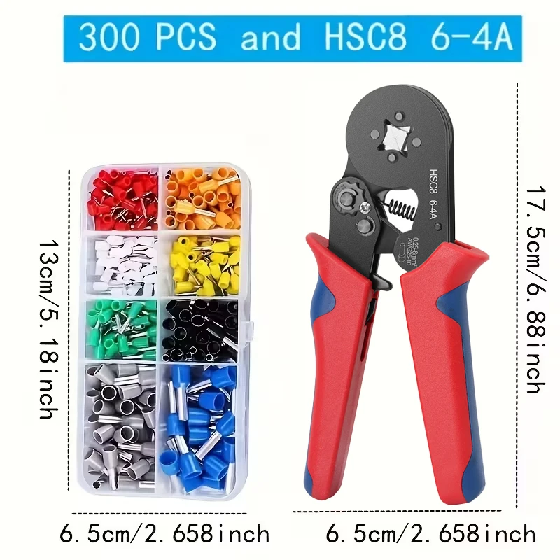300/301pcs Set of Tubular Terminal Connectors, Insulated VE Tubular Crimp Terminal Kit, Includes HSC8 6-4A Crimping Pliers.