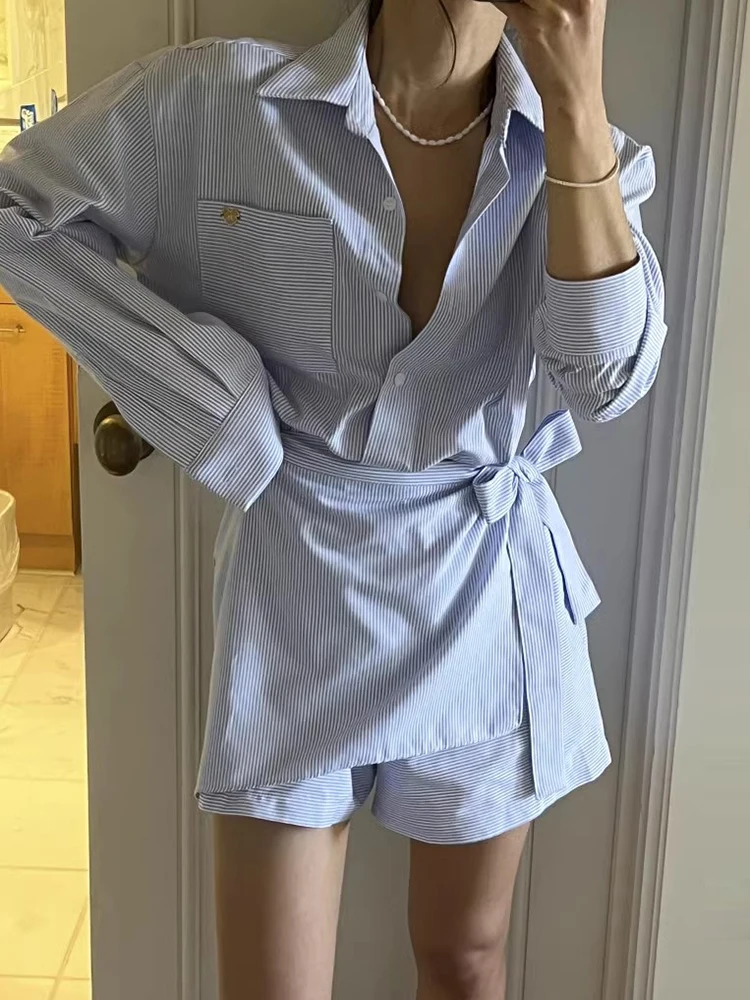 

Chic Spring Design Collared Fake Two-Piece Side Tie Waist Slimming One-Piece Women's Clothing High Waist ort Pants