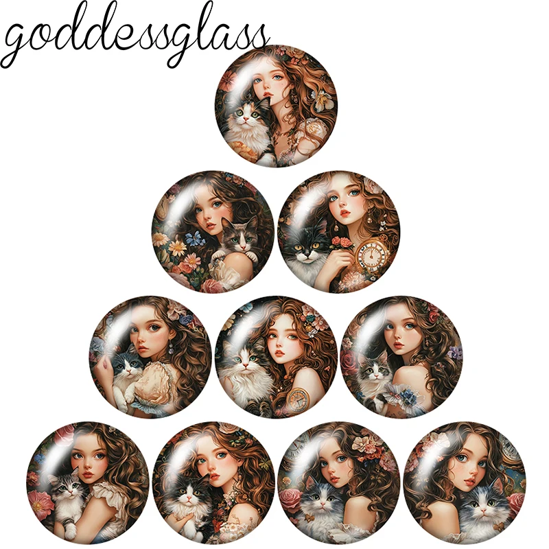 

Classical Girl With Cat Flowers Vintage 10pcs 12mm/18mm/20mm/25mm Round photo glass cabochon flat back Making findings Jewelry