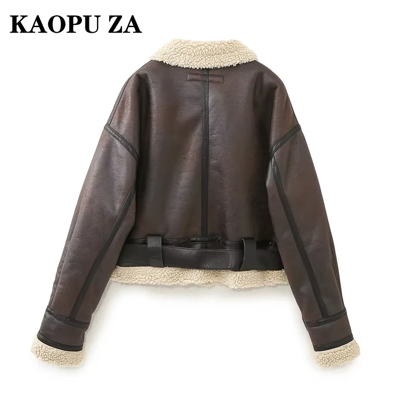 KAOPU ZA 2024 Winter Women\'s Streetwear Faux Sheepskin Fur Bomber Jacket with Belt Double-sided Fleece Zipper Pocket Warm Overco