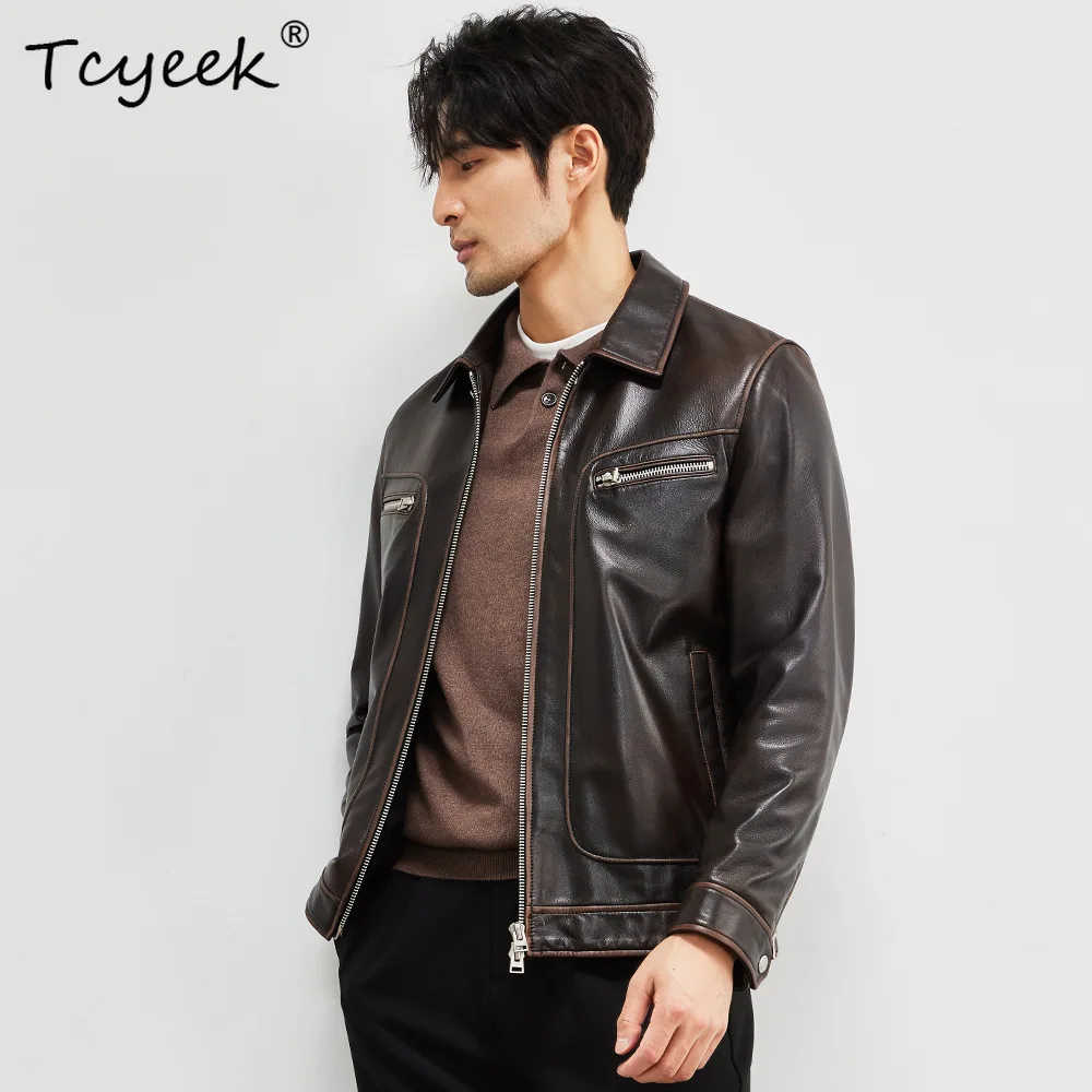 

Tcyeek Natural Goatskin Real Leather Jacket Men Autumn Clothes Fashion Mens Coats Vintage Motocycle Jackets Trendy Jaqueta Couro