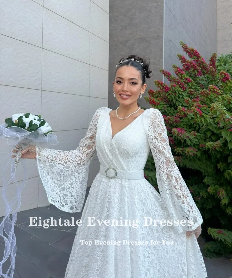 Eightale vestido de casamento árabe personalizado marfim cetim chá comprimento vestido de noiva muçulmano a linha com decote em v renda vestido de festa de noiva