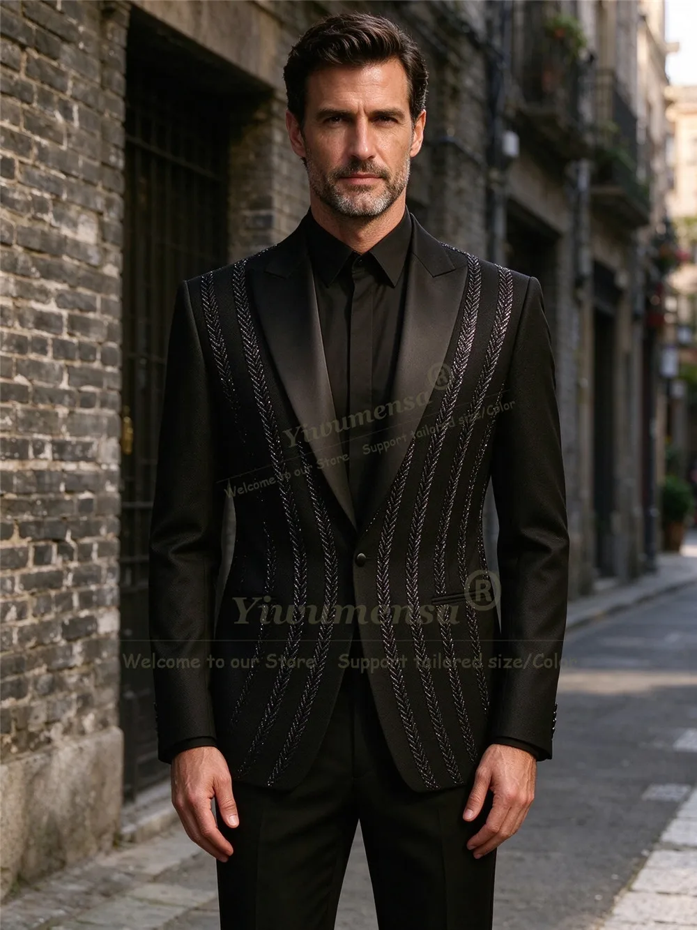 Handmade Men's Suit For Wedding Formal Wear Black Stones Prom Groom Tuxedo Customized 2 Pieces Man Anniversary Ceremony Attire