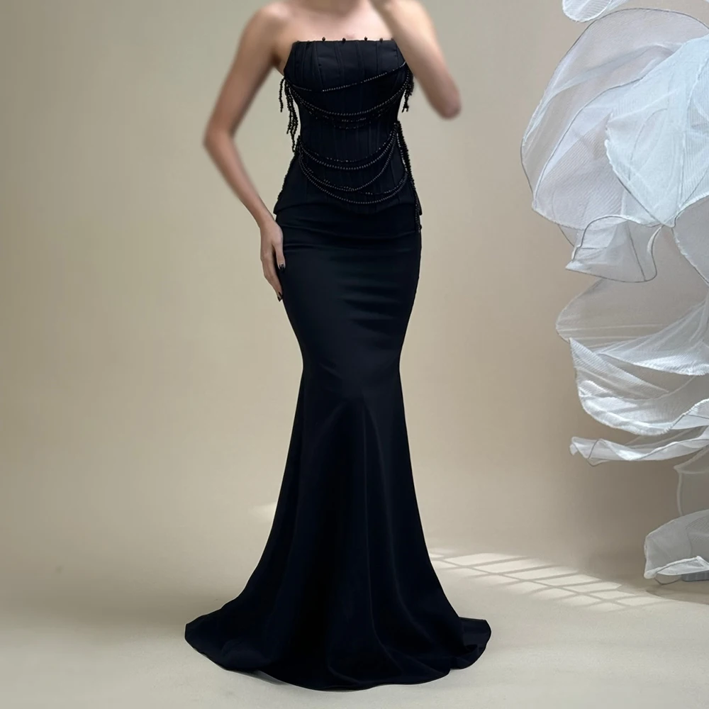 

Women's Mermaid Evening Dresses Floor-length Strapless Sleeveless Prom Gown Fashion Beading Draped Backless Customized Gowns