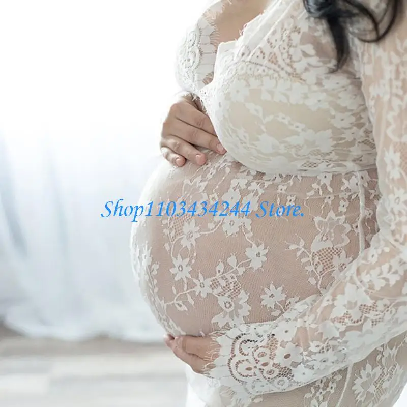  Breathable Maternity Long Sleeve V Neck Lace Sheer Fitted Dress Including Romance Train for Pregnancy Photos Parties view 2