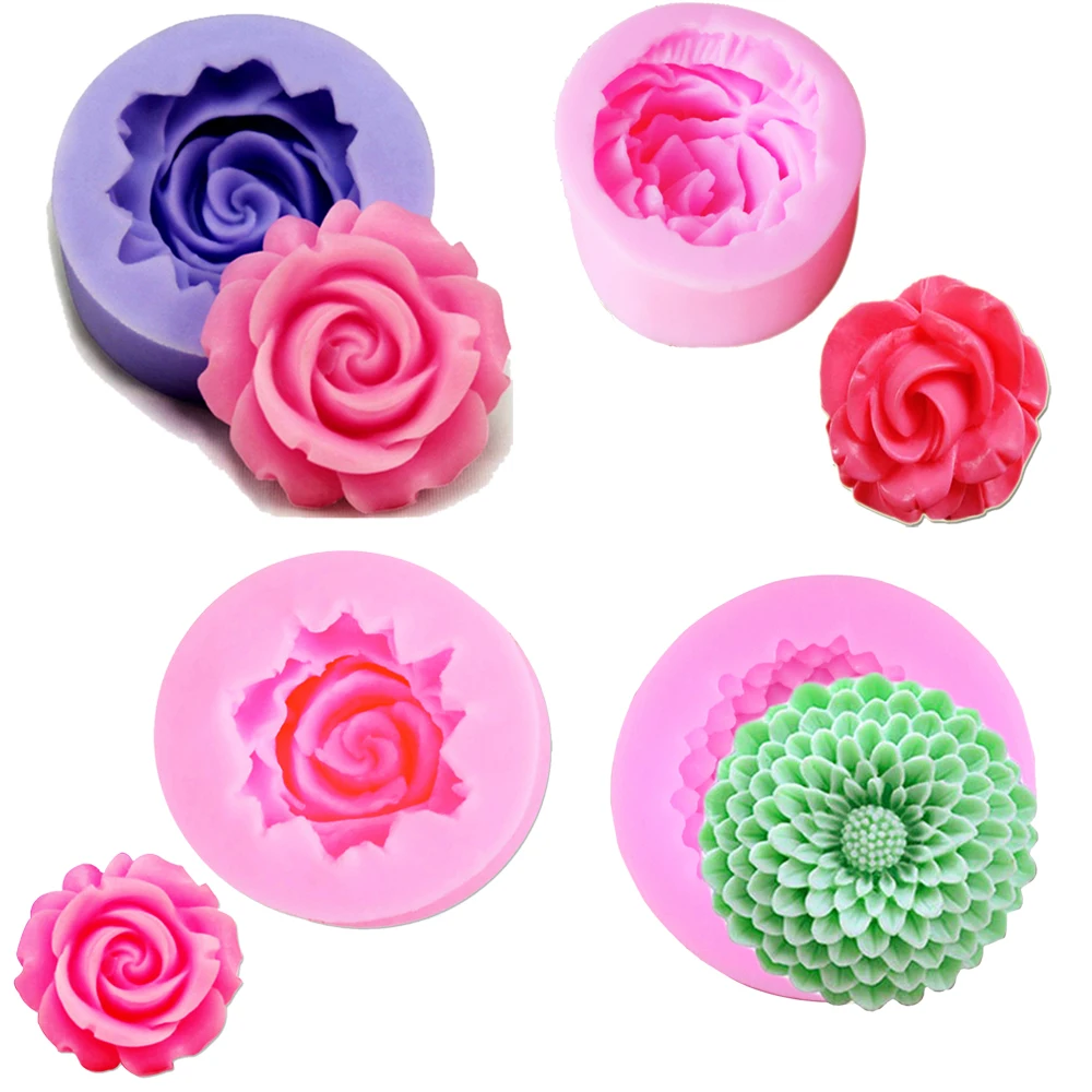 Rodzaje wielokrotnego użytku Flower Bloom Rose Forms Silicone Fondant Soap 3D Cake Cupcake Jelly Candy Chocolate Decoration Tool Mould F1062