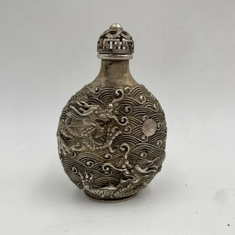

Old Chinese Tibet Silver Handcarved Double Dragon Play Bead Snuff Bottle