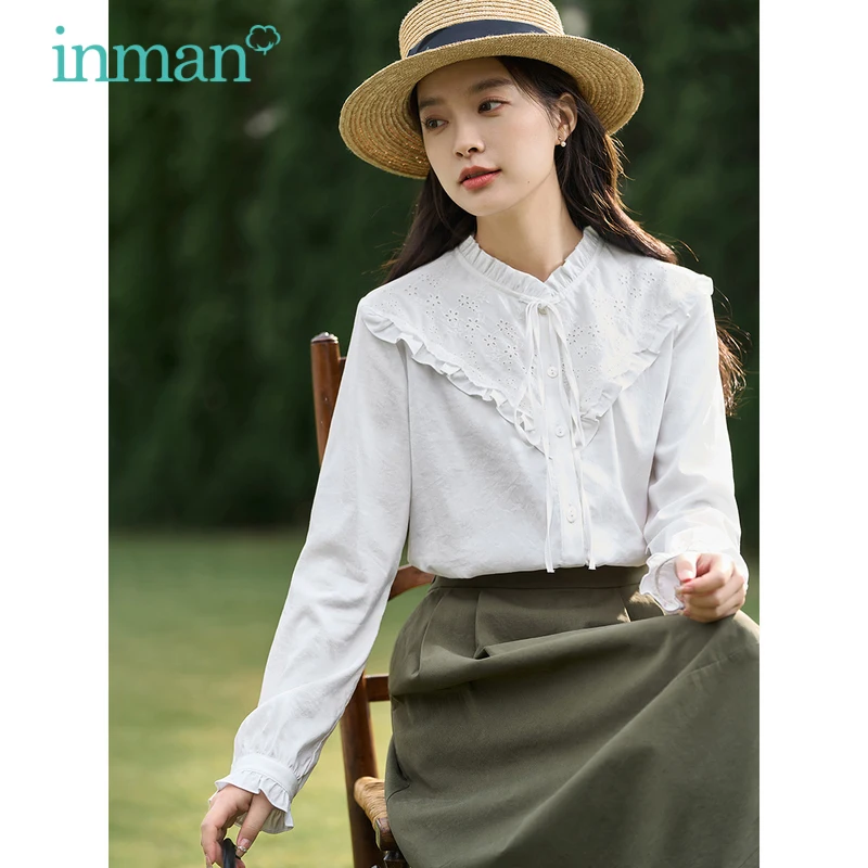 

INMAN Women Blouse 2023 Spring Long Sleeve Ruffled Standing Collar Slim Shirts Hollow Embroidery Lace Up Fashion Versatile Tops