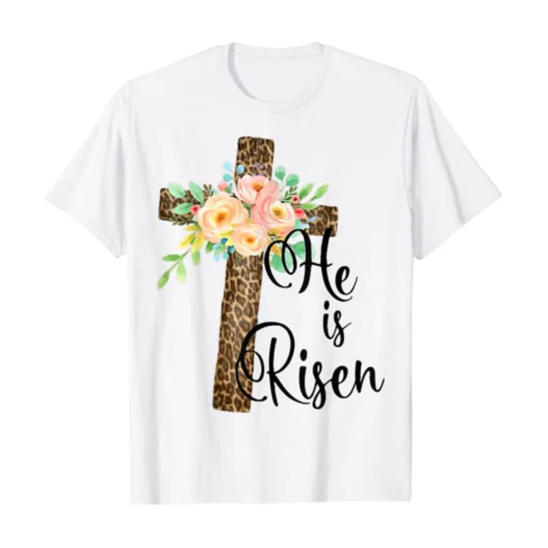 

Easter Gift for Christian Teen Girls Mom He Is Risen Leopard T-Shirt Graphic Tee Tops Women Aesthetic Clothing Novelty Gifts