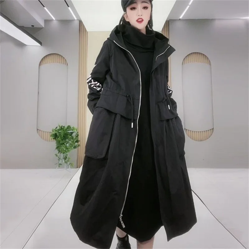 Casual Letter Windbreaker Coat, Women\'s, Korean Zipper Hooded Long Trench Coats, Black Overcoats, Spring, Autumn, New, 2025