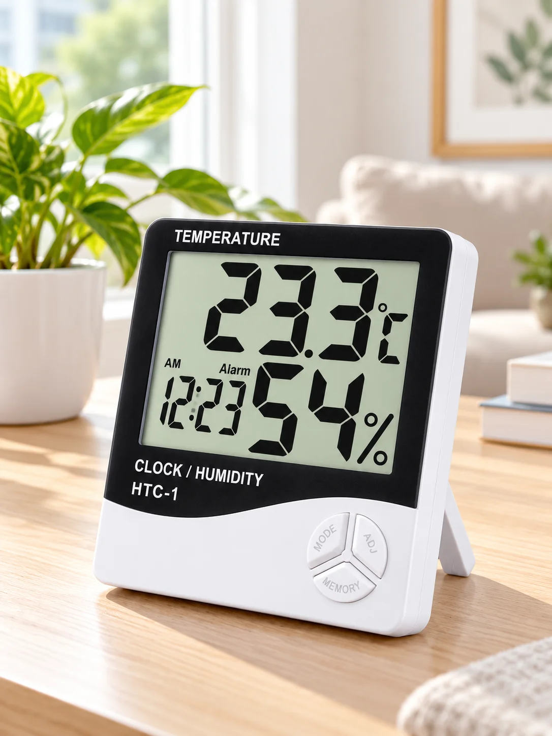HTC-1 Digital Indoor Thermometer Hygrometer Clock Temperature Humidity Monitor with Large LCD Display Alarm Clock °C/°F Switchab