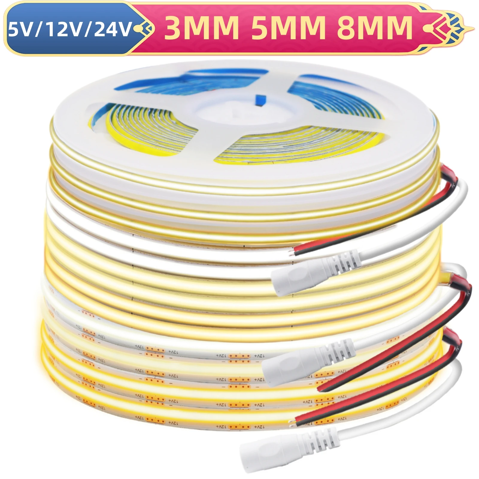 5V 12V 24V COB LED Strips 3MM 5MM 8MM 320LEDs/M FOB Dimmable Tape Adhesive Lamp RA90 Linear Lighting 3000K 4000K 6000K White